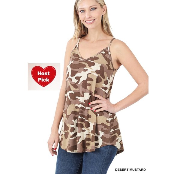 Spaghetti Strap Reversible Cami Desert Mustard Camouflage Print - Picture 1 of 8